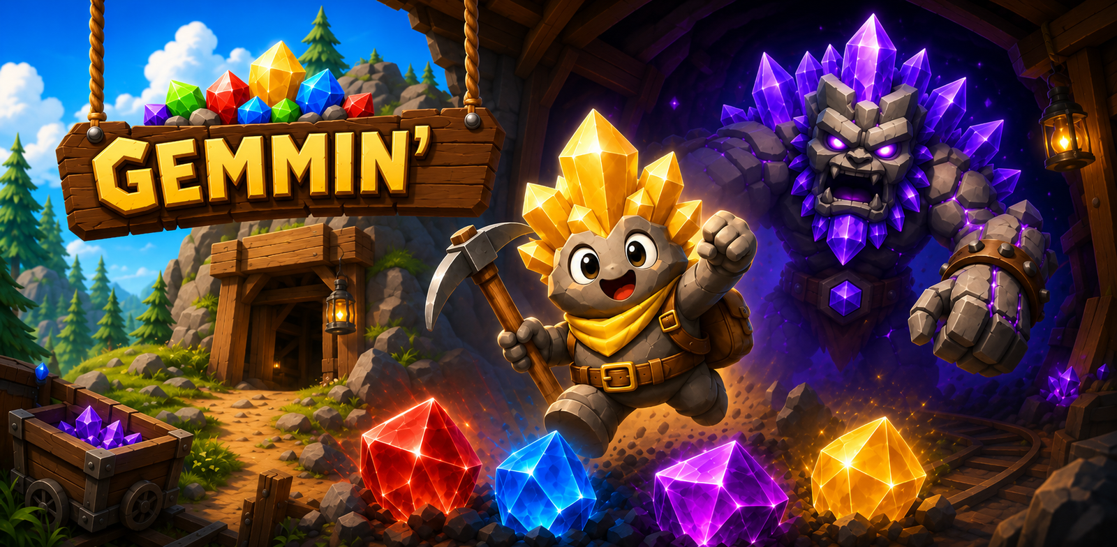 Gems sitting on top of "Gemmin'" wooden sign hanging from ropes